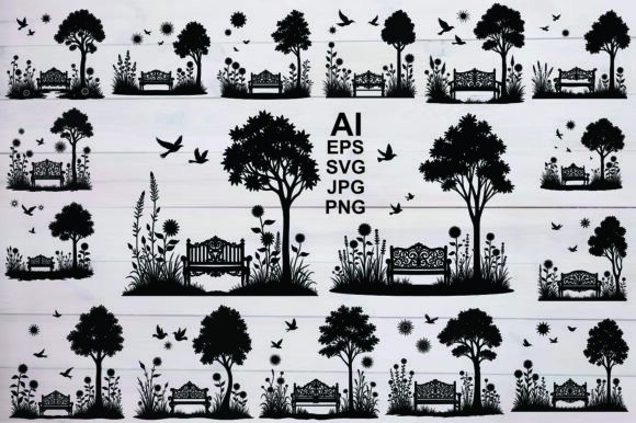 Bench in Park Silhouettes: Graphics & Illustrations