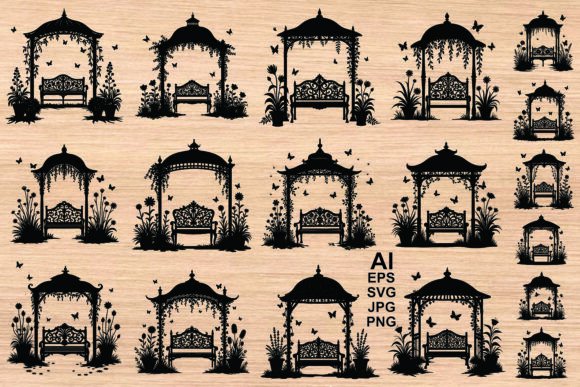 Black Silhouette Garden Gazebos Set: Graphics and Illustrations