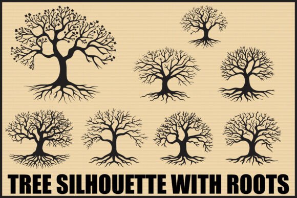 Black Tree Roots Silhouette Clipart Set Graphics