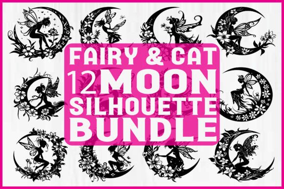 Fairy Cat Moon Silhouette Bundle: Graphics & Illustrations