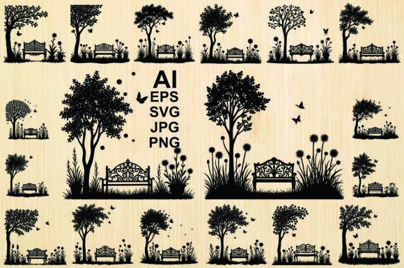Silhouette Bench Tree Vecto: Graphics & Illustrations