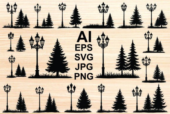 Silhouette Street Lamps and Trees Vector Review