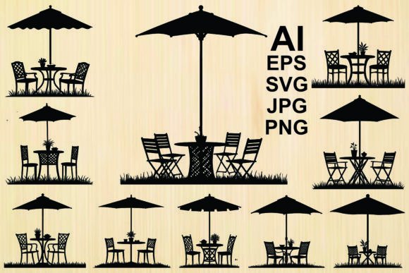 Silhouette Table and Umbrella Vector Graphics
