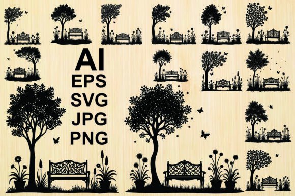 Tree with Bench Silhouette Vector Graphics