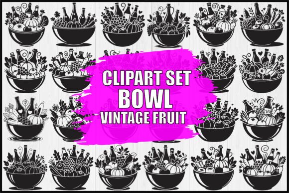Vintage Fruit Bowl Clipart Set: Graphics & Illustrations